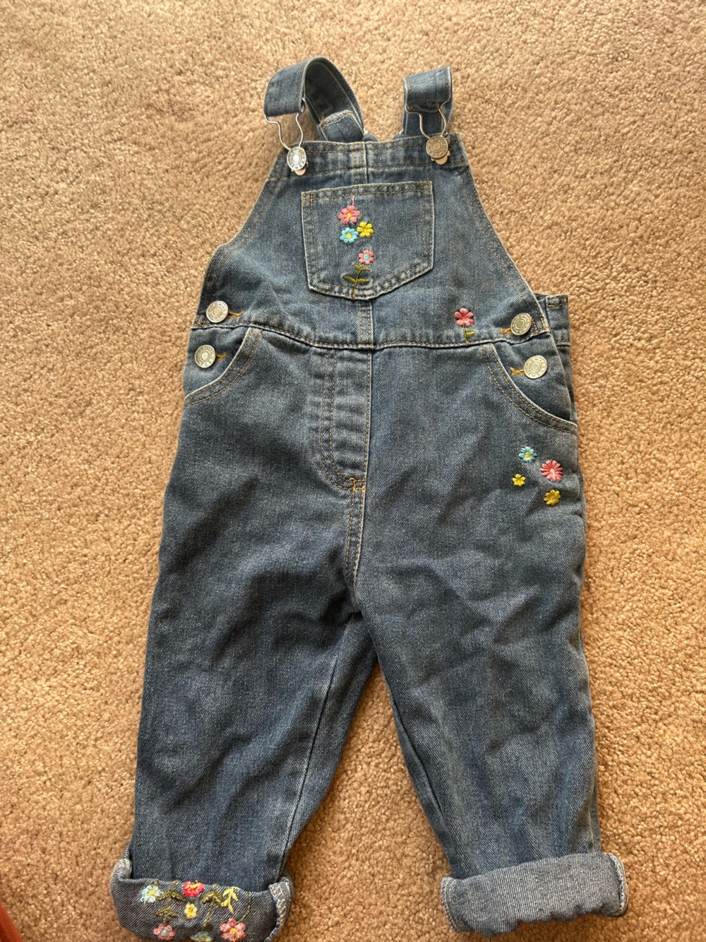 SHEIN Dark Blue Denim Floral Embroidered Kids Overalls